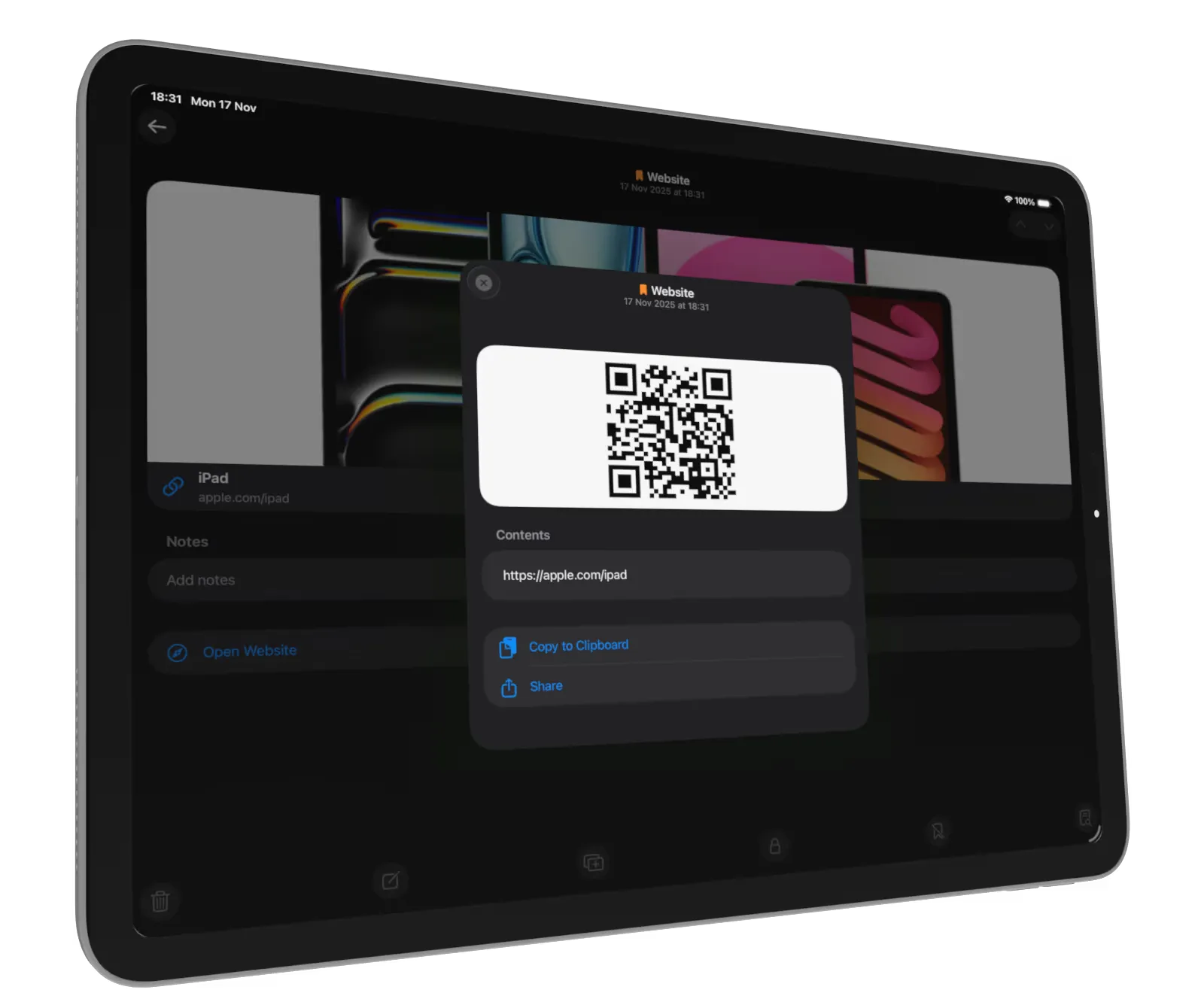 QR Wizard on iPad, showing a scanned website code